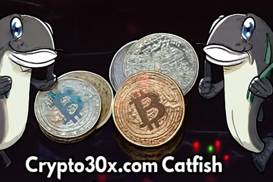 Crypto30x.com Catfish scam with animated fish holding Bitcoin and cryptocurrency symbols against a digital trading background.