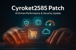 Hands typing on a keyboard with floating icons (shield, CPU, speedometer, cart, cloud) beneath the headline “Cyroket2585 Patch,” illustrating an AI-driven performance and security update.