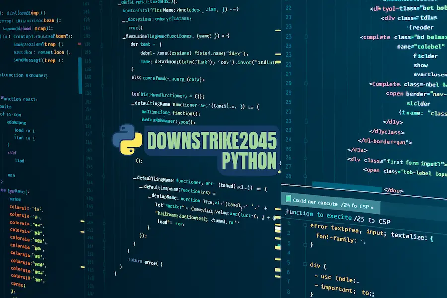DowsStrike2045 Python interface showing high-resolution code editor with Python and HTML scripts, representing a cybersecurity toolkit for ethical hacking and network security.