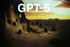 GPT-5 concept art showing a dawn landscape with rocky cliffs and prehistoric apes gathered around a tall black monolith, symbolizing the evolution of intelligence
