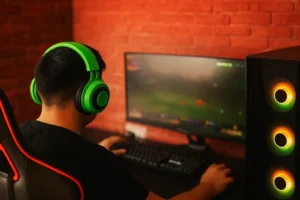 A gamer wearing green headphones playing an online multiplayer game on a desktop computer, symbolizing community interaction on GetWhoCares.com.
