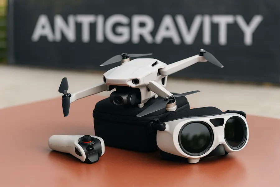 Insta360 Antigravity A1 drone with FPV goggles and motion controller on a table, ANTIGRAVITY banner blurred in the background.