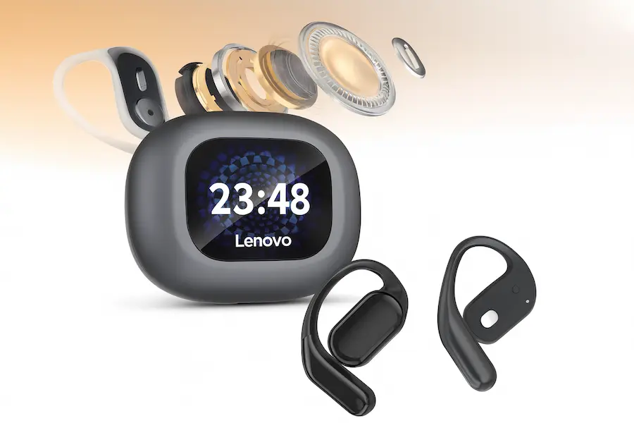 Lenovo XP2 Earbuds with charging case in landscape display, featuring open-ear design, digital battery indicator, and premium wireless audio technology