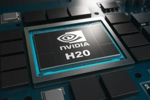 Close-up 3D-rendered image of the NVIDIA H20 chip installed on a blue circuit board, highlighting its advanced AI processing design.