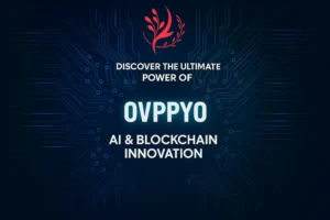 Digital graphic of Ovppyo platform showcasing AI and blockchain innovation with circuit board design, glowing blue tech lines, and red flame-leaf emblem above the central text.