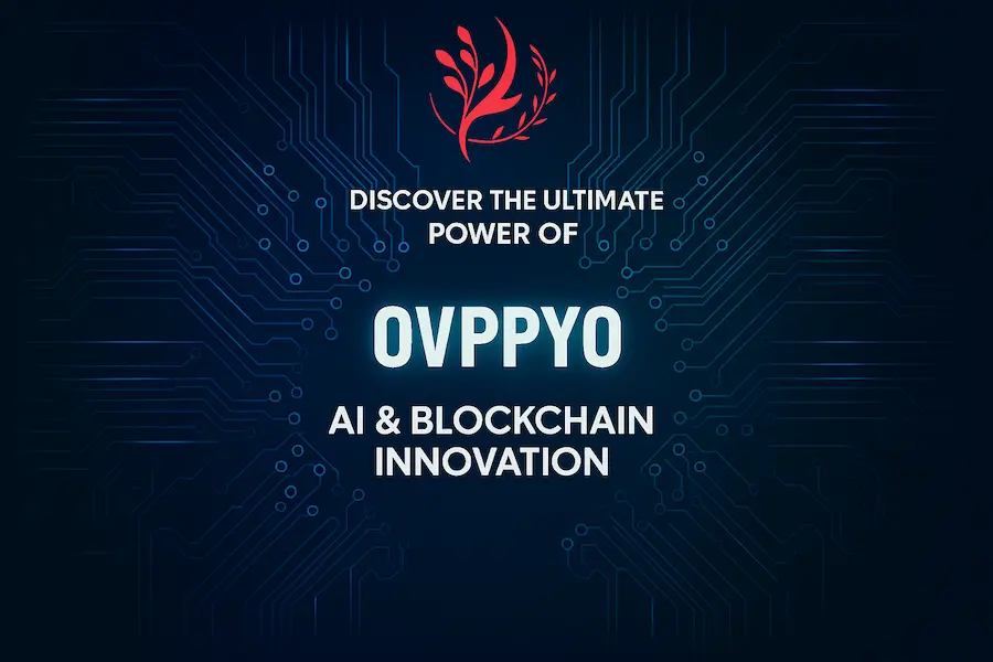 Digital graphic of Ovppyo platform showcasing AI and blockchain innovation with circuit board design, glowing blue tech lines, and red flame-leaf emblem above the central text.