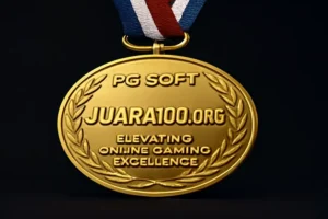 PG Soft Juara100.org Medal featuring the PG Soft and Juara100.org logos, with 'Elevating Online Gaming Excellence' inscription, surrounded by a laurel wreath and suspended from a tricolor ribbon.