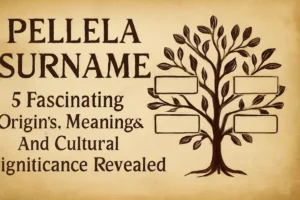 Hand-drawn family tree with dark branches and nameplates, illustrating the Pellela surname's origins, meanings, and cultural significance, set on a vintage parchment background to highlight the surname's heritage and genealogy.