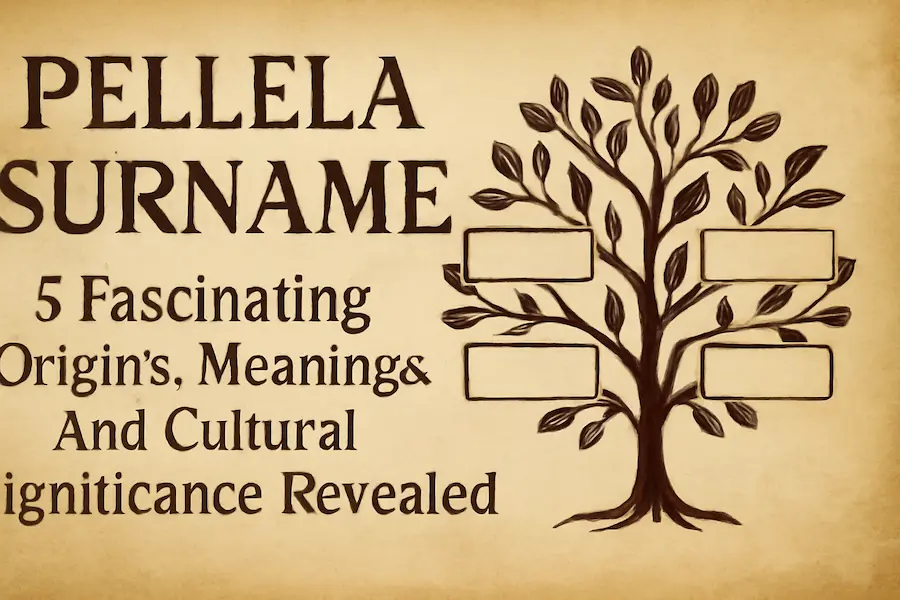 Hand-drawn family tree with dark branches and nameplates, illustrating the Pellela surname's origins, meanings, and cultural significance, set on a vintage parchment background to highlight the surname's heritage and genealogy.