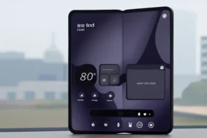 Pixel 10 Pro Fold foldable smartphone displayed with dual screens showing weather information and notes, with a purple gradient background, captured in a modern urban setting.