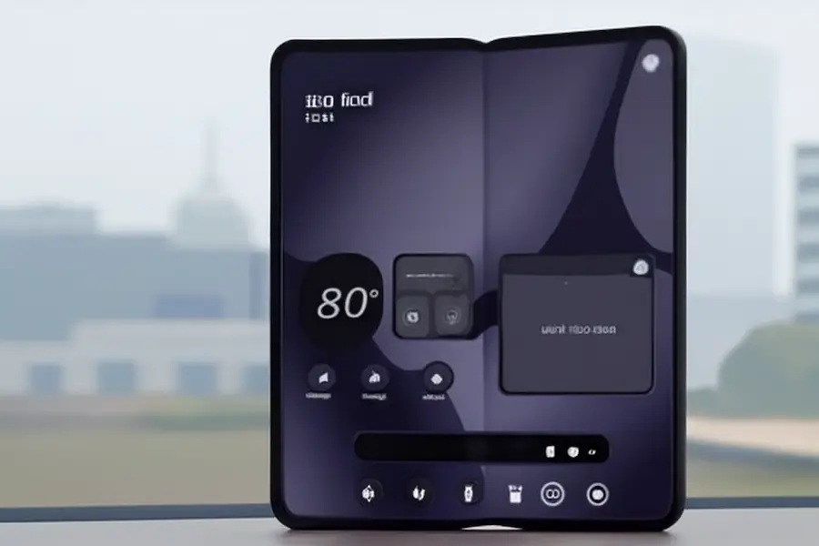 Pixel 10 Pro Fold foldable smartphone displayed with dual screens showing weather information and notes, with a purple gradient background, captured in a modern urban setting.
