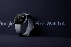 Google Pixel Watch 4 showcased with sleek design against dark gradient background, featuring a round display, gray silicone band, and metallic frame, highlighting its modern features.