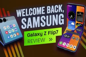 Samsung Galaxy Z Flip 7 foldable smartphone open and closed, showcasing the dual-screen design, app icons, and vibrant home screen layout for a full Galaxy Z Flip 7 review.