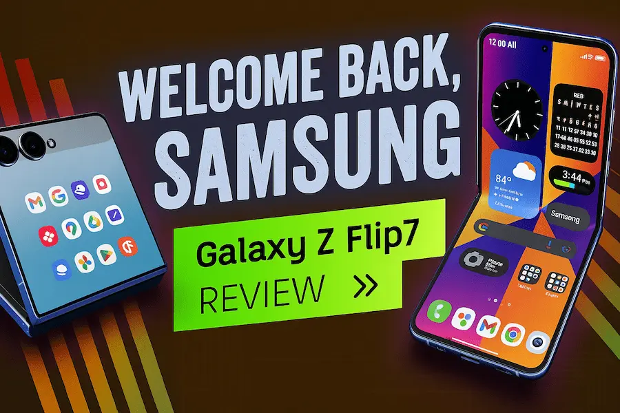 Samsung Galaxy Z Flip 7 foldable smartphone open and closed, showcasing the dual-screen design, app icons, and vibrant home screen layout for a full Galaxy Z Flip 7 review.