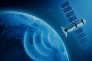 A sattelitter orbiting Earth with communication signals, representing global satellite technology and space-based data transmission.