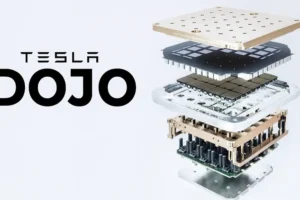 Exploded view of Tesla Dojo AI supercomputer hardware components showcasing chip layers, circuit boards, and cooling system.