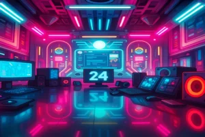 Futuristic neon-lit tech control room with multiple monitors, speakers, and digital screens, representing a creative hub for producing Viral Internet Sound Effects.