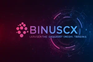 BINUSCX logo with vibrant gradient background featuring digital technology patterns, representing the modern cryptocurrency trading platform with secure, user-friendly features