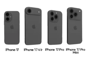Phone 17 series models showing the iPhone 17, iPhone 17 Air, iPhone 17 Pro, and iPhone 17 Pro Max with distinct camera setups and matte gray finishes, displayed from the rear with their names labeled underneath.