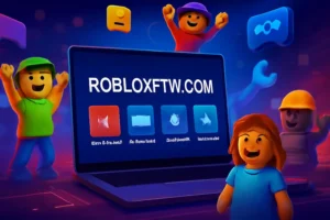 Digital illustration of robloxftw.com showcasing its features such as game guides, community tools, and Roblox promo codes, with vibrant colors and engaging Roblox characters.