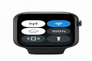 watchOS 26 preview: Apple Watch Control Center with Wi-Fi, cellular, weather, 100% battery, ping iPhone, and flashlight toggles